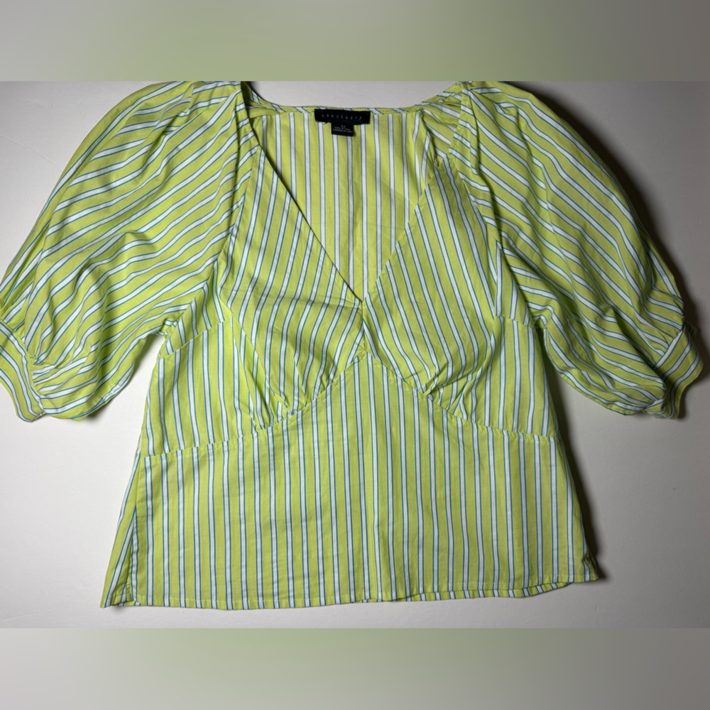 Sanctuary Green Energy Stripe V-Neck Poplin Blouse Size Medium
